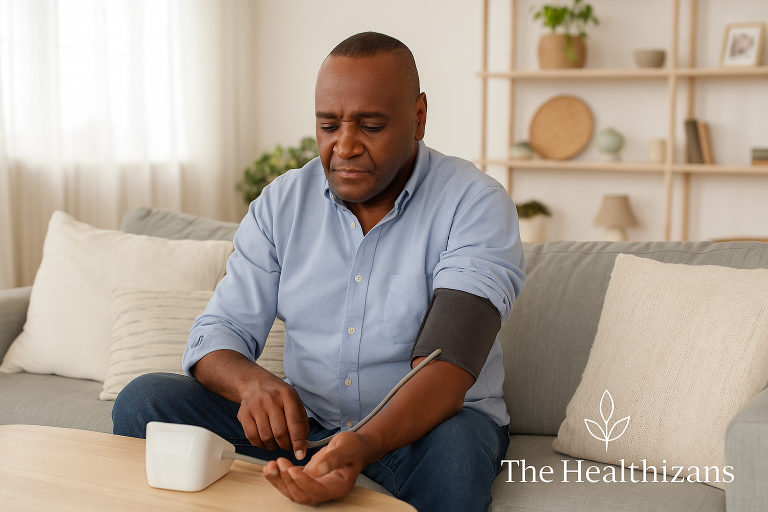 Man-checking-blood-pressure-at-home