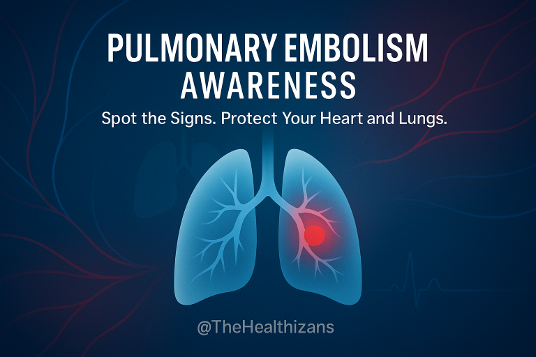Health awareness graphic showing lungs with a blood clot highlighting pulmonary embolism risk, with text reading ‘Pulmonary Embolism Awareness – Spot the Signs. Protect Your Heart and Lungs