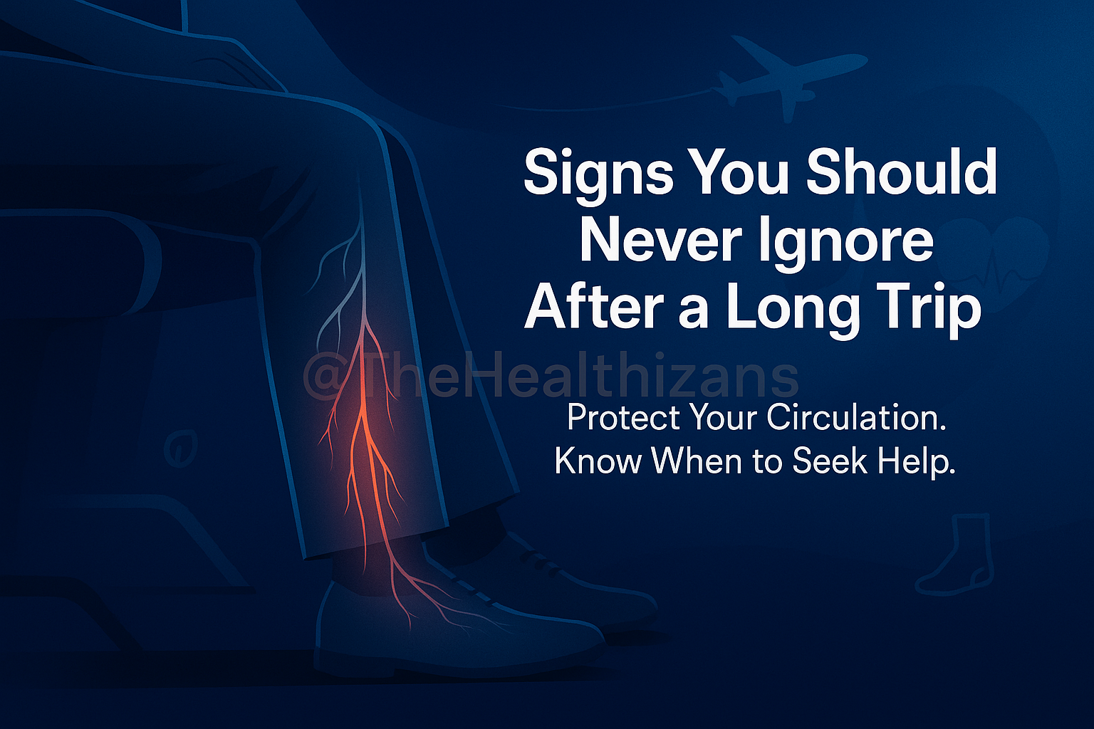 Health awareness image showing seated traveller’s legs with glowing vein lines and airplane trail, highlighting signs to watch for after long trips. Text reads ‘Signs You Should Never Ignore After a Long Trip – Protect Your Circulation. Know When to Seek Help.