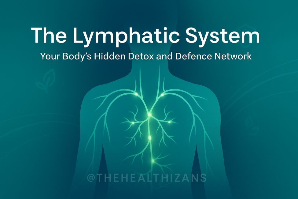 Health awareness graphic showing a human silhouette with glowing green lymphatic vessels and nodes, symbolising detox and immune defence, with text reading ‘The Lymphatic System – Your Body’s Hidden Detox and Defence Network